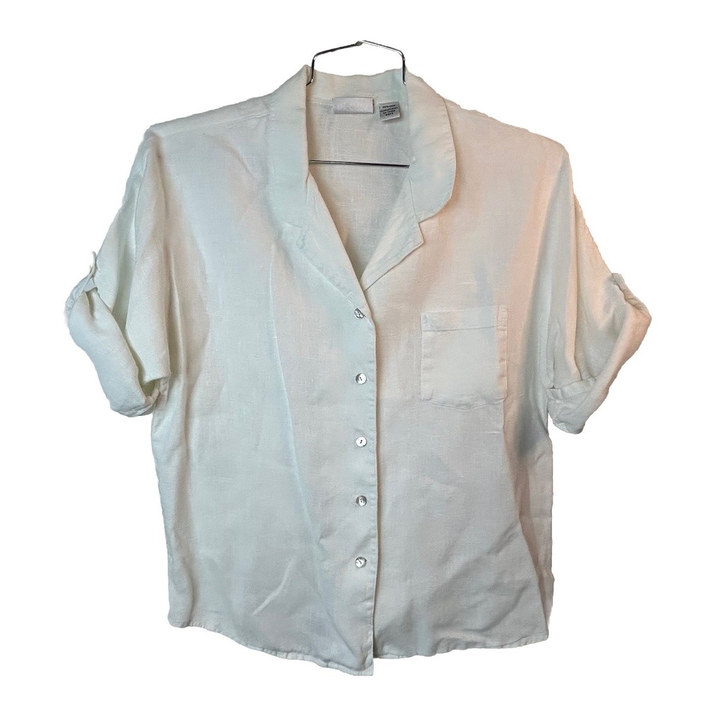 Chicos Design Women's 100% White Linen Button Up Roll Tab Shirt Size 2 Large